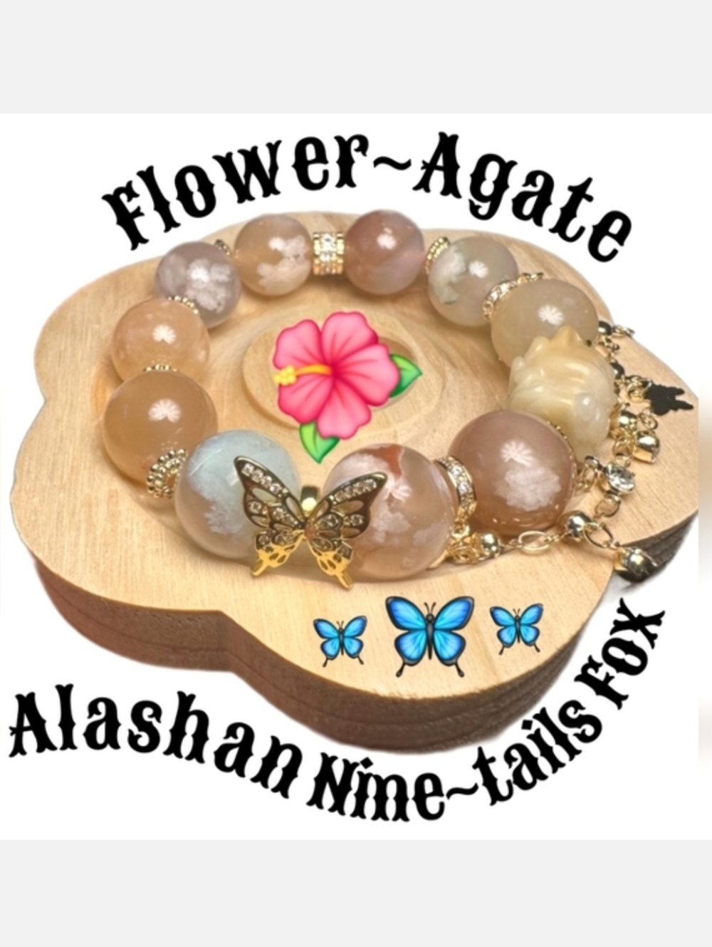 🦊Alashan Nine~tails Fox Flower Agate Bracelet w/Butterfly Charms